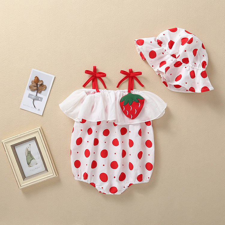 Strawberry Polka Dot Romper & Bucket Hat Set – Ruffle Off-Shoulder Bubble Bodysuit (0–18M)