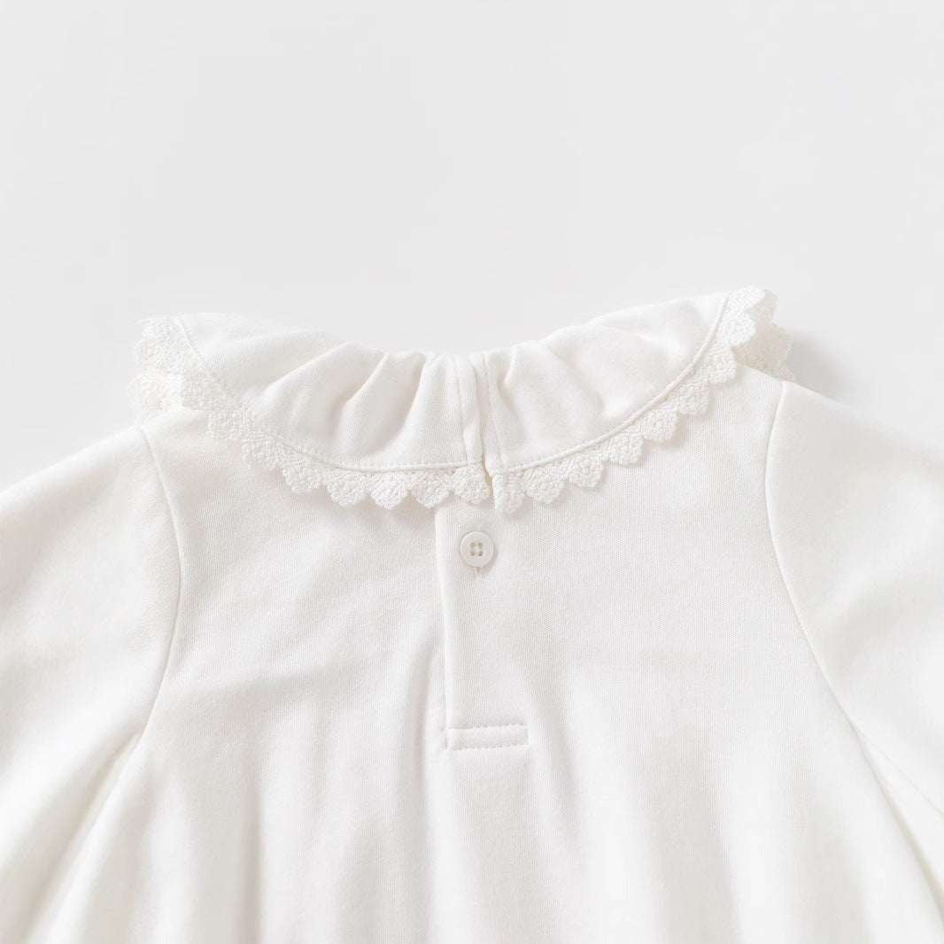 Ivory Lace Ruffle Collar Romper – Vintage Boho Bubble Bodysuit (0–24M)