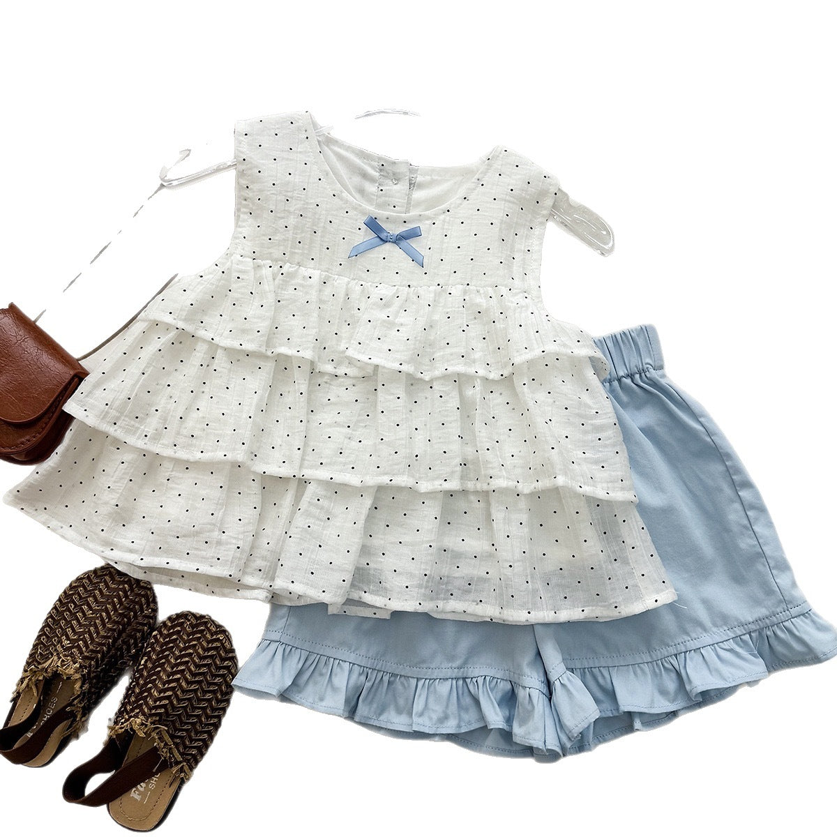 Polka Dot Tiered Ruffle Top & Blue Shorts Set – Sleeveless Cake Top (12M–3Y)
