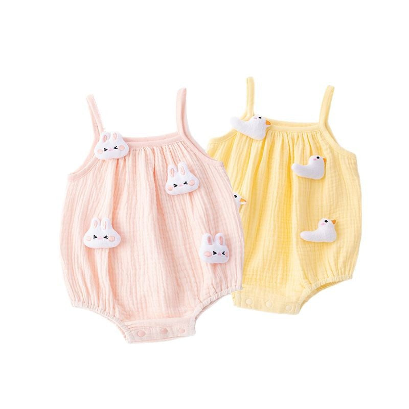 Barboteuse à bulles en mousseline 3D lapin et canard – body sans manches à bretelles (0–18 mois)