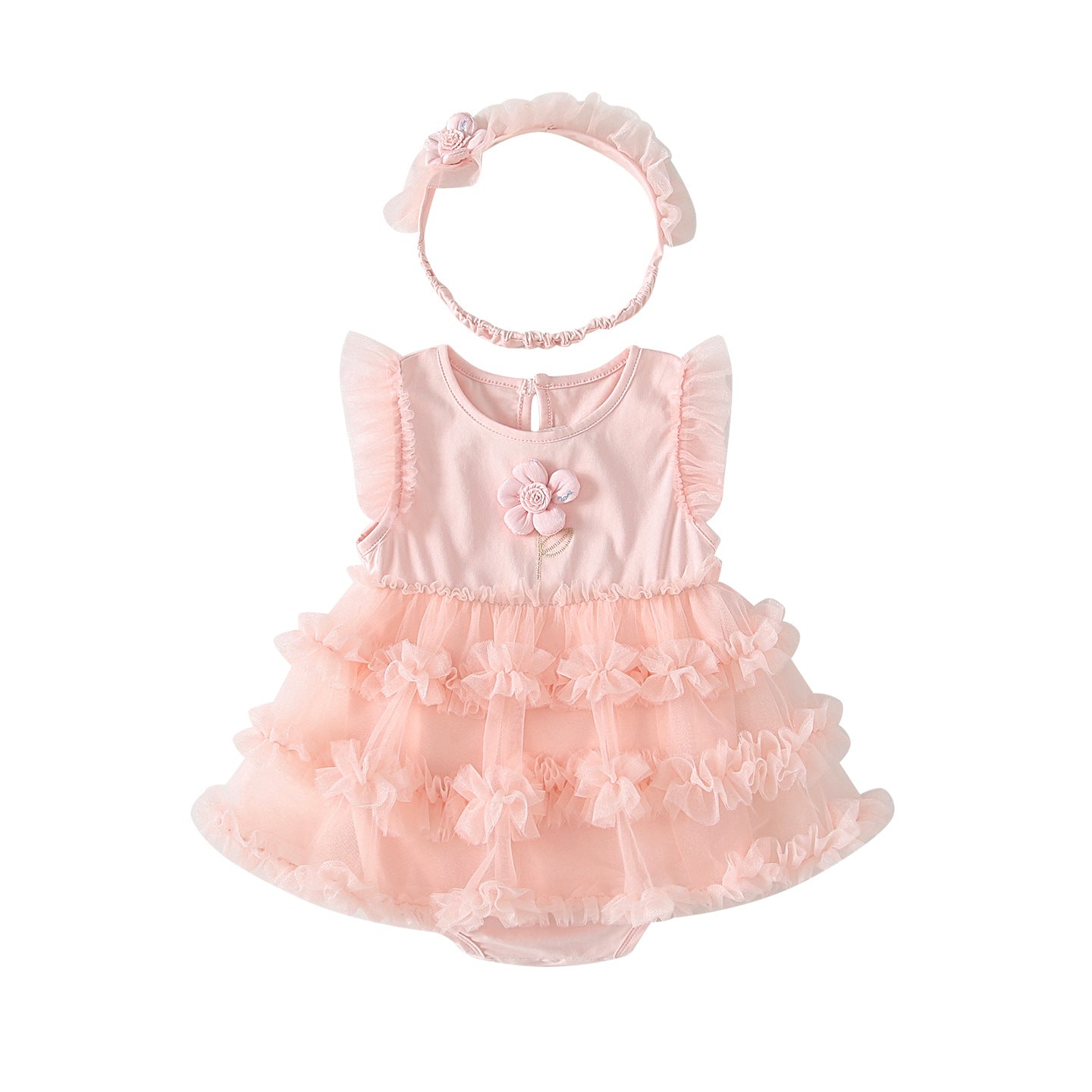 Pink Tulle Flower Romper Dress & Headband Set – Flutter Sleeve Tiered Bodysuit (0–18M)
