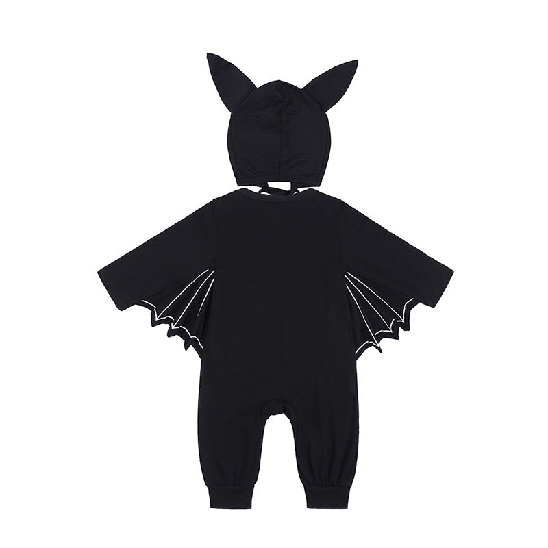 My 1st Halloween Bat Costume Romper with Hood – Black Pumpkin Print (3–24M)