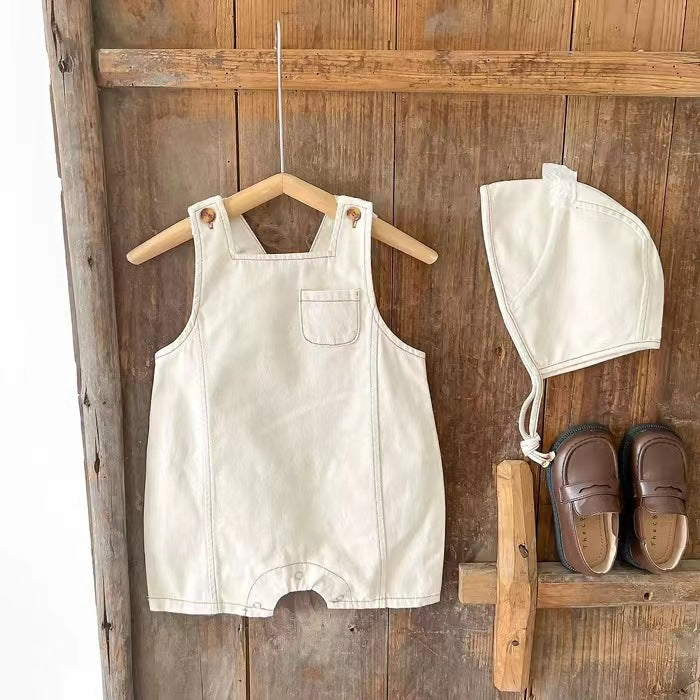 Denim Dungaree Romper & Bonnet Set – Sleeveless Overalls with Matching Hat (0–18M)    Mimou Babywear