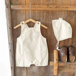 Denim Dungaree Romper & Bonnet Set – Sleeveless Overalls with Matching Hat (0–18M)    Mimou Babywear