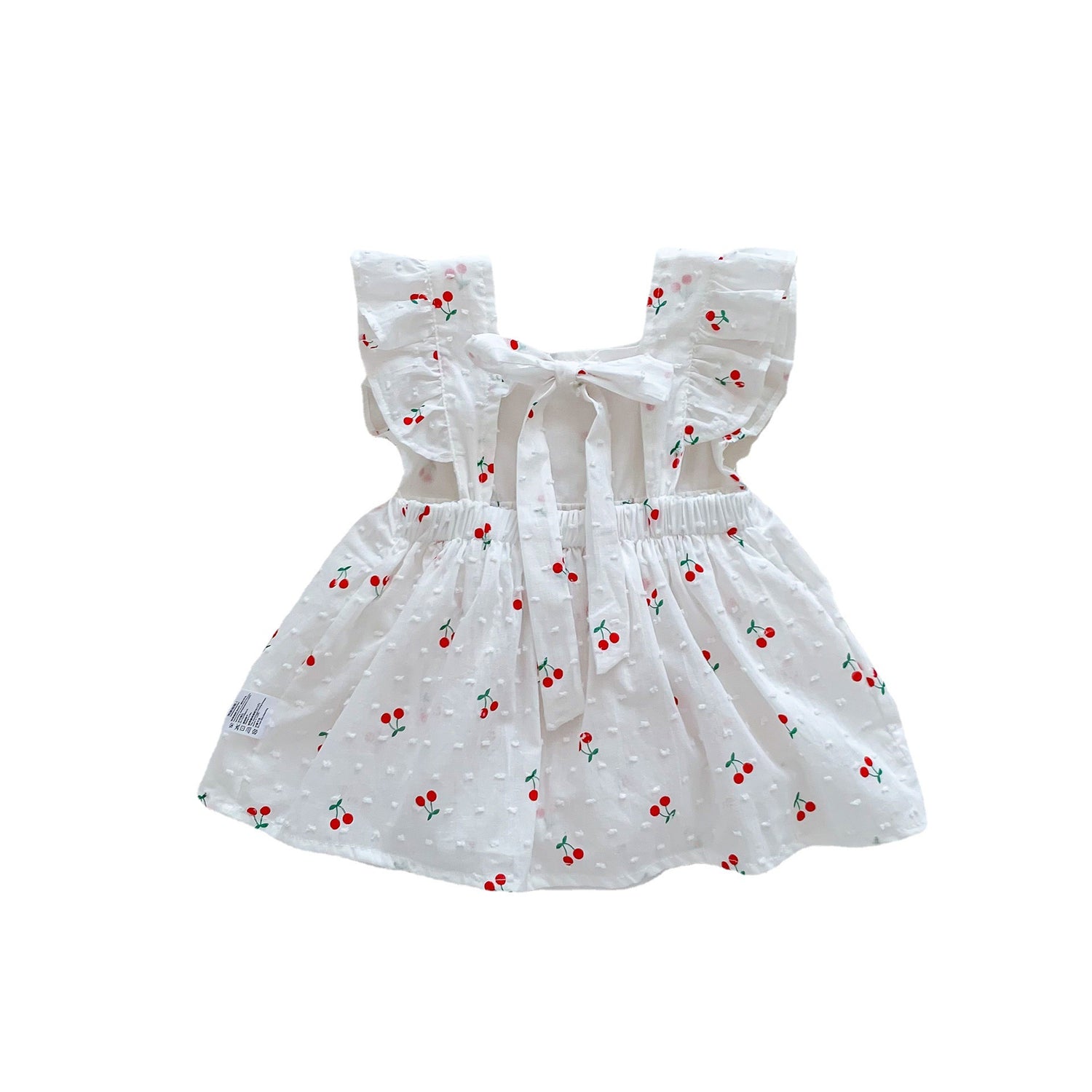 Cherry Swiss Dot Bow Romper Dress – Flutter Sleeve Tie-Waist Bodysuit (0–18M)