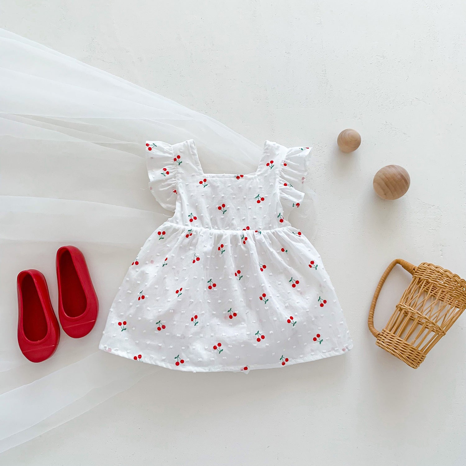 Cherry Swiss Dot Bow Romper Dress – Flutter Sleeve Tie-Waist Bodysuit (0–18M)