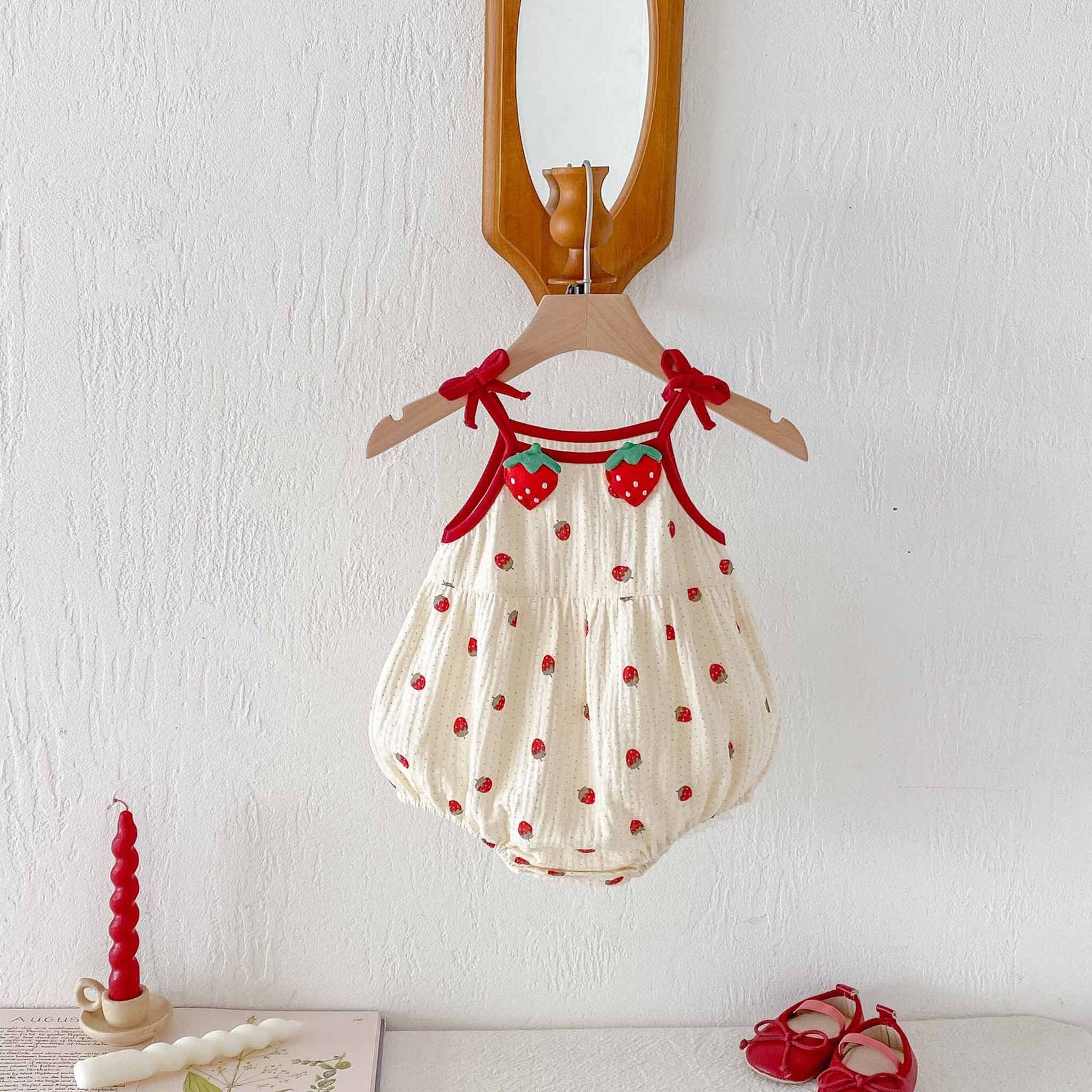 Strawberry Fields Muslin Romper – 3D Strawberry Detail Tie-Strap Bubble Bodysuit (0–18M)    Mimou Babywear