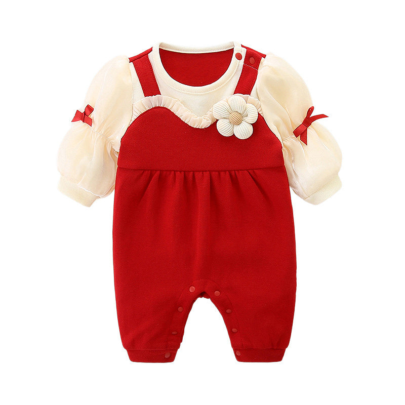 Weinroter Fake-Zweiteiler-Strampler – Blumen-Overall-Bodysuit mit Mesh-Ärmeln (0–12M)