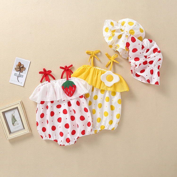 Strawberry Polka Dot Romper & Bucket Hat Set – Ruffle Off-Shoulder Bubble Bodysuit (0–18M)