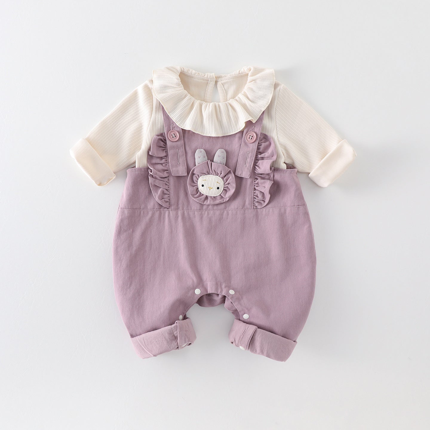 Lavender Bunny Dungaree Set – Ruffle Collar Top & Overalls Two-Piece (3M–2Y)