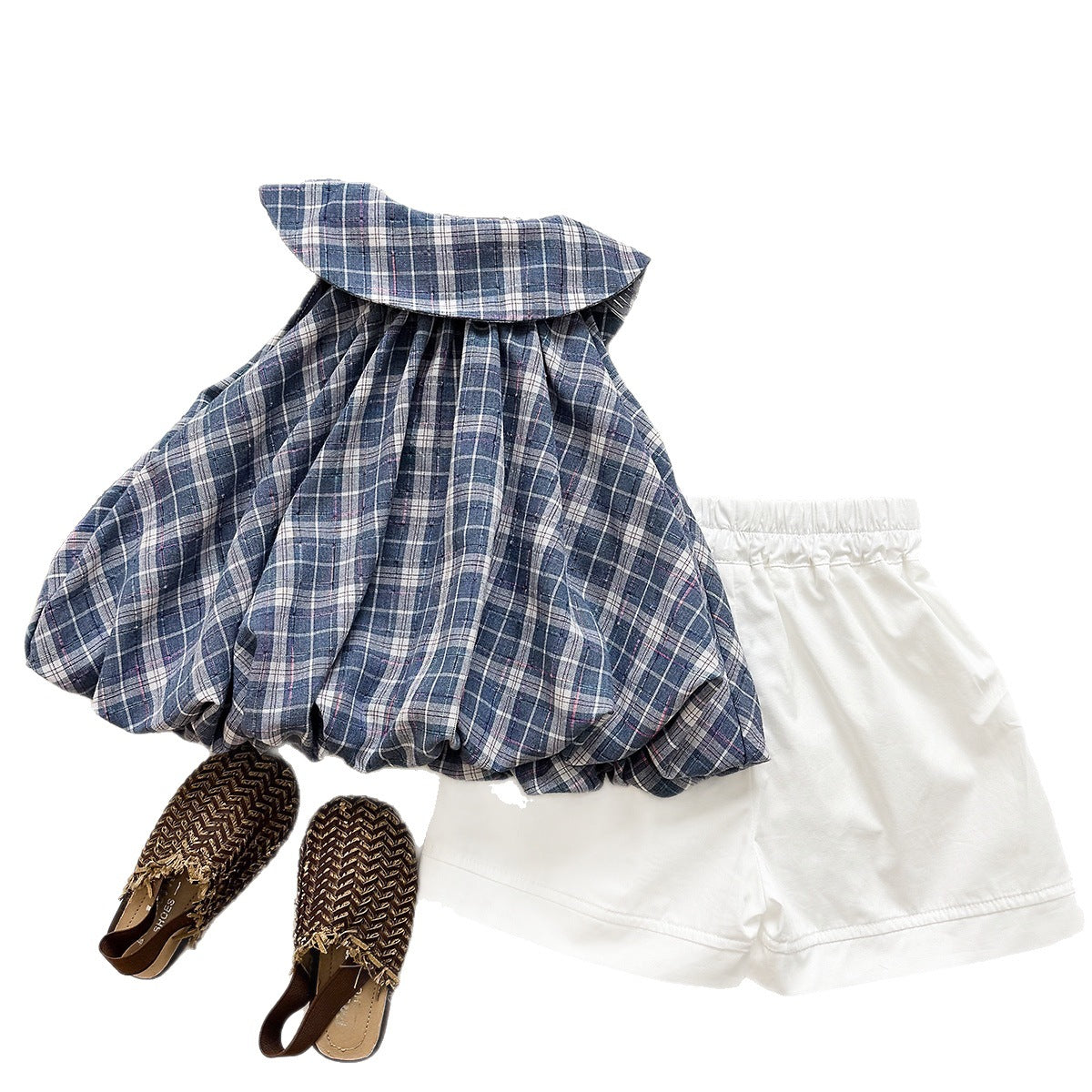 Blau kariertes Kragenoberteil & weiße Shorts Set – Ärmelloser koreanischer Stil (12M–3J)