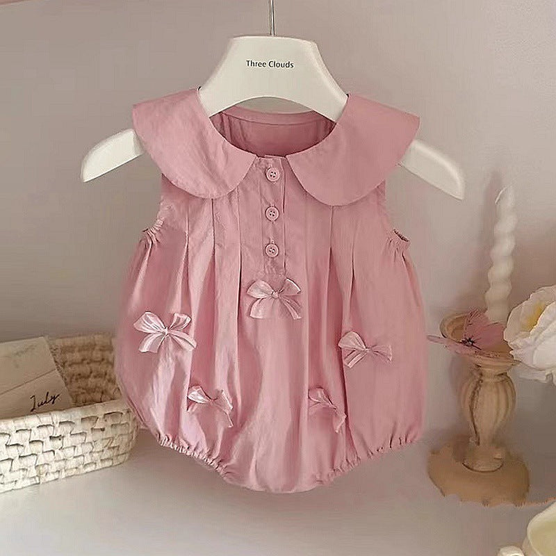 Pink Peter Pan Collar Bow Romper – Sleeveless Cotton Baby Girl Bodysuit (0–12M)