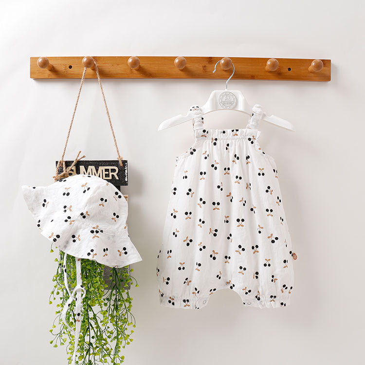 Black Cherry Print Bubble Romper & Bucket Hat Set – Strap Sleeveless Bodysuit (0–18M)