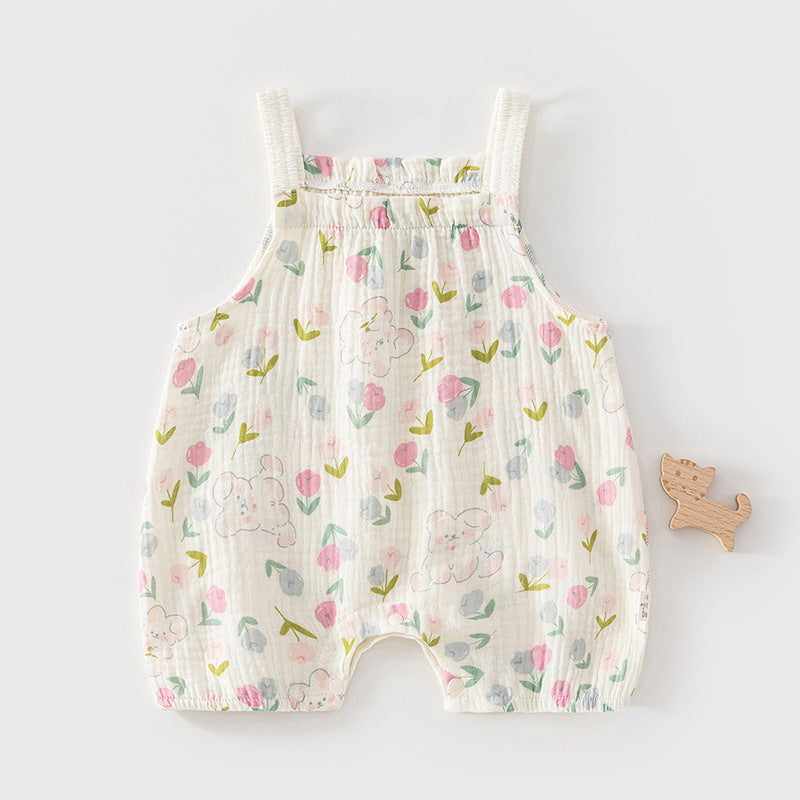 Floral Bear Muslin Dungaree Romper – Sleeveless Bubble Overalls (0–18M)