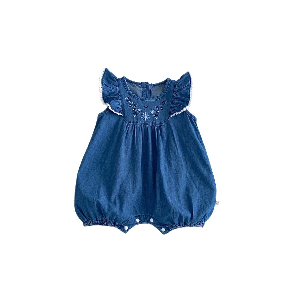 Embroidered Denim Flutter Romper – Lace Trim Bubble Bodysuit (0–18M)
