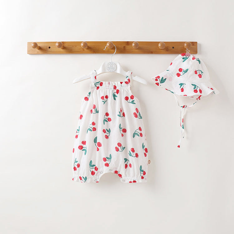 Black Cherry Print Bubble Romper & Bucket Hat Set – Strap Sleeveless Bodysuit (0–18M)