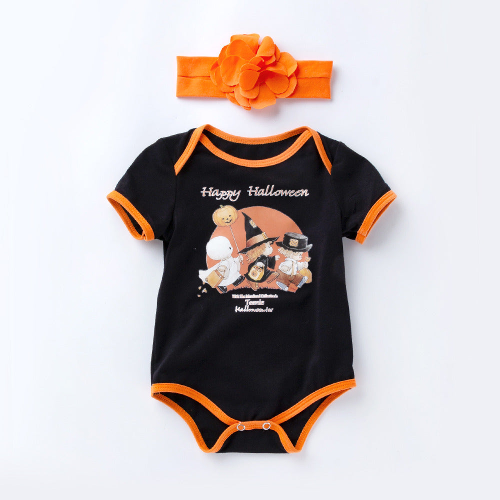 Halloween Skull & Pumpkin Print Romper & Headband Set – Short Sleeve Baby Girl Outfit (0–24M)