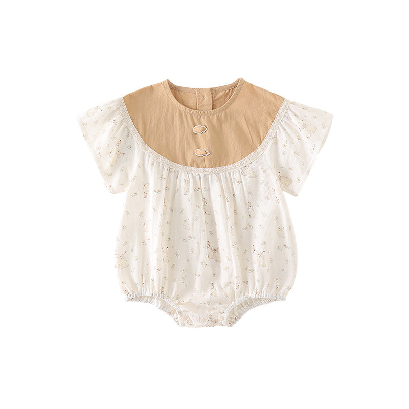 Combinaison bulle bicolore imprimé lapin – Body à empiècement caramel et manches courtes (0–18M)