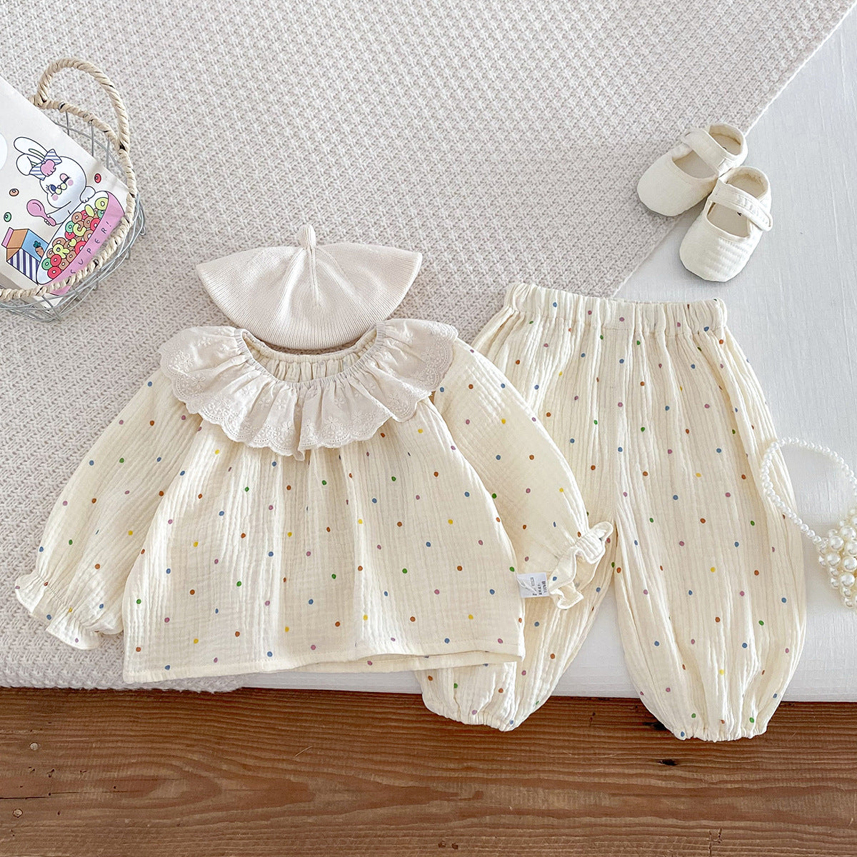 Polka Dot Lace Collar Blouse & Pants Two-Piece Set – Cotton Gauze Baby Girl Outfit (6M–3Y)