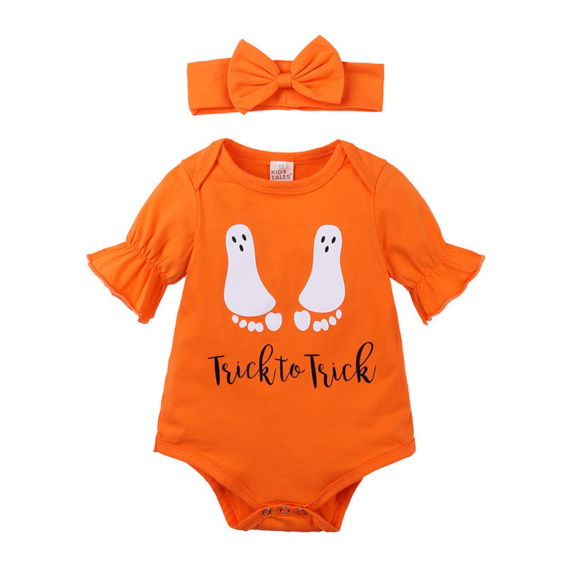 Ghost Footprint Halloween Romper & Bow Headband Set – Orange Ruffle Sleeve (0–12M)