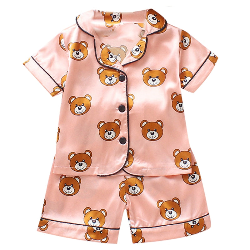 Silky Bear & Leopard Pajama Set – Ice Satin Sleepwear for Toddlers | Mimou    Mimou Babywear