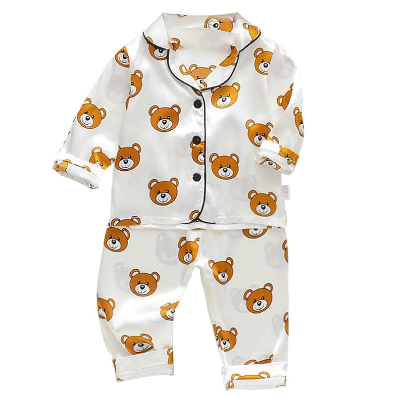 Silky Bear & Leopard Pajama Set – Ice Satin Sleepwear for Toddlers | Mimou   Cream Bear / 3T Mimou Babywear