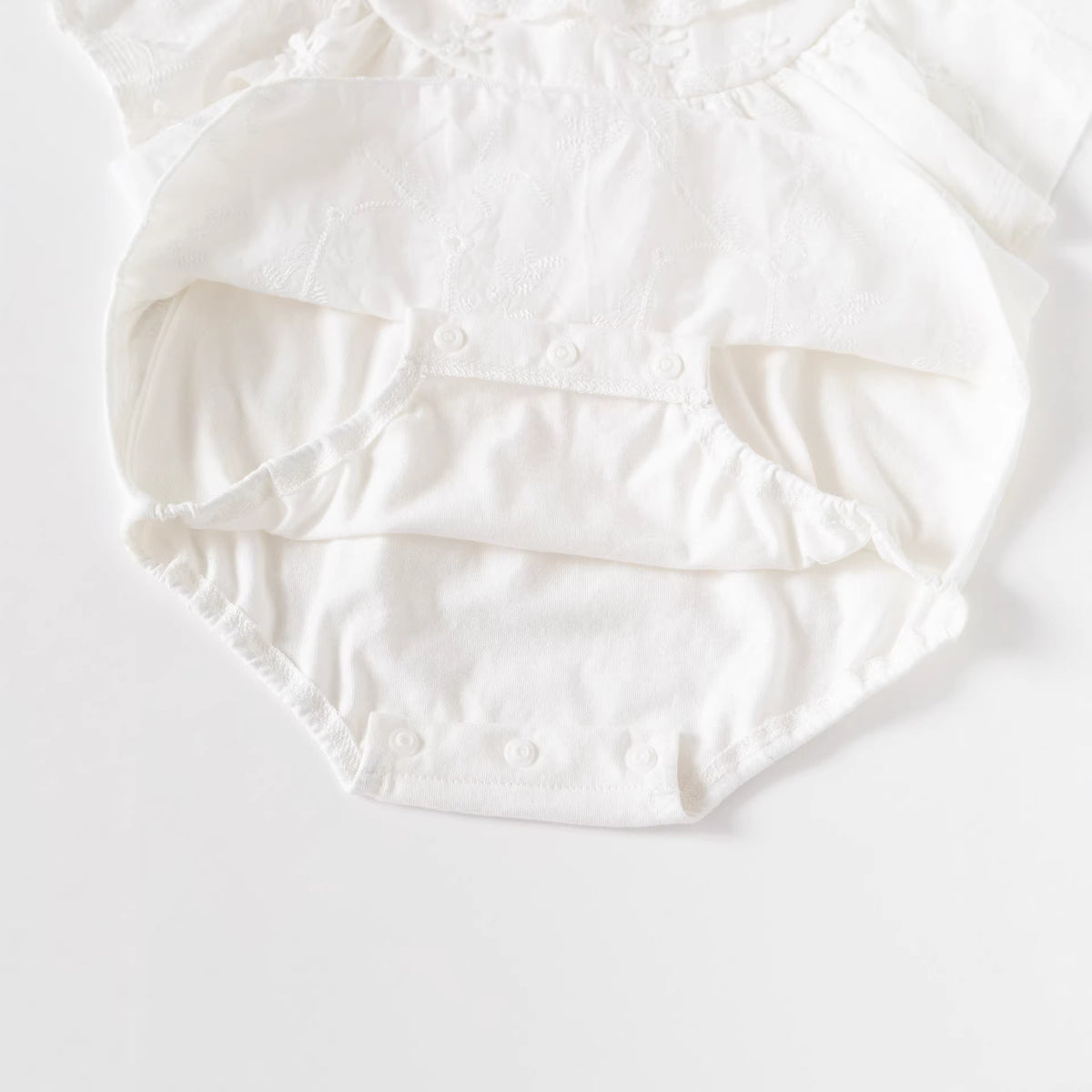 Milk White Embroidered Floral Romper Dress – A-Line Ruffle Collar Baby Girl Outfit (0–24M)
