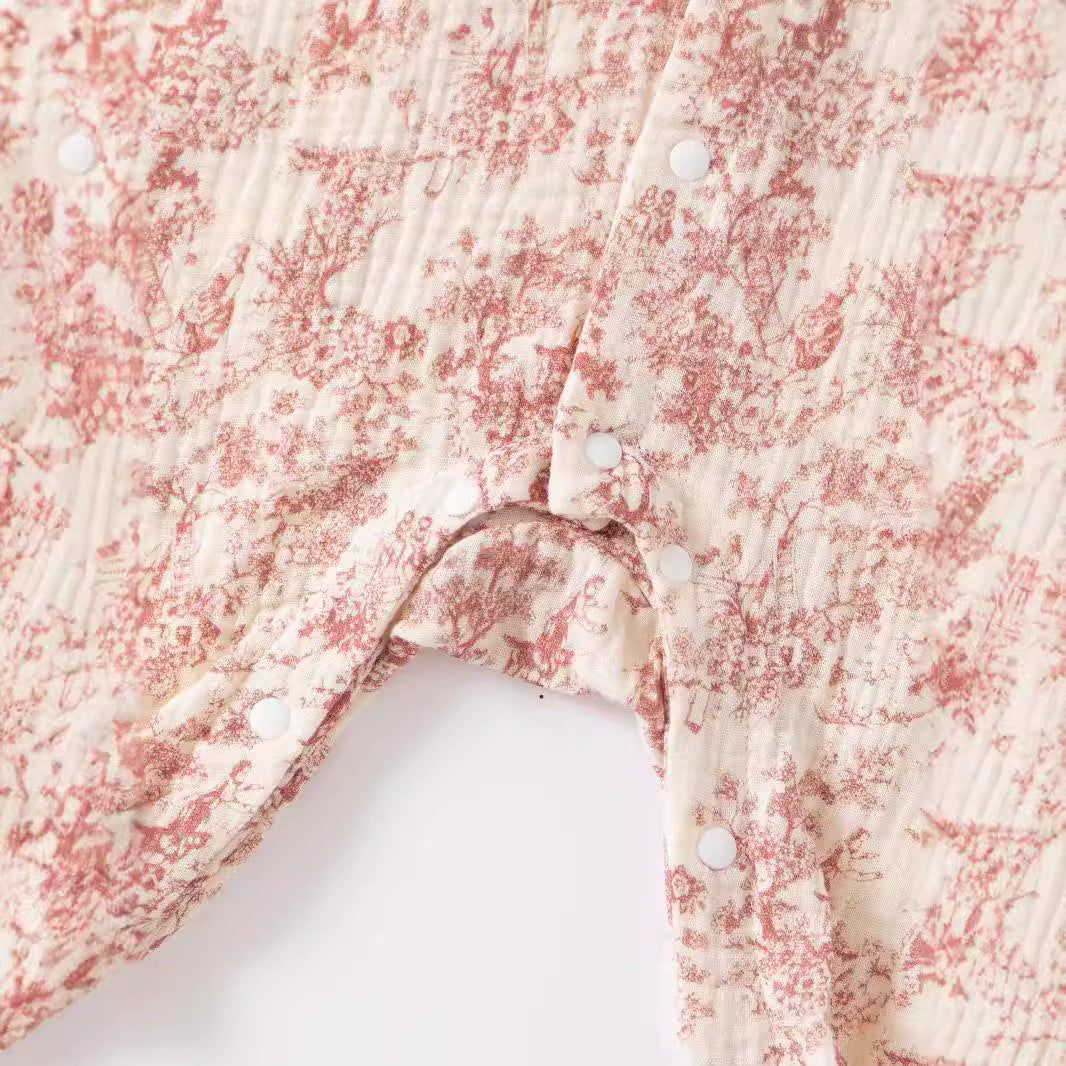 Pink Toile Botanical Sleepsuit & Bonnet Set – Ruffle Collar Long Sleeve Romper (0–24M)