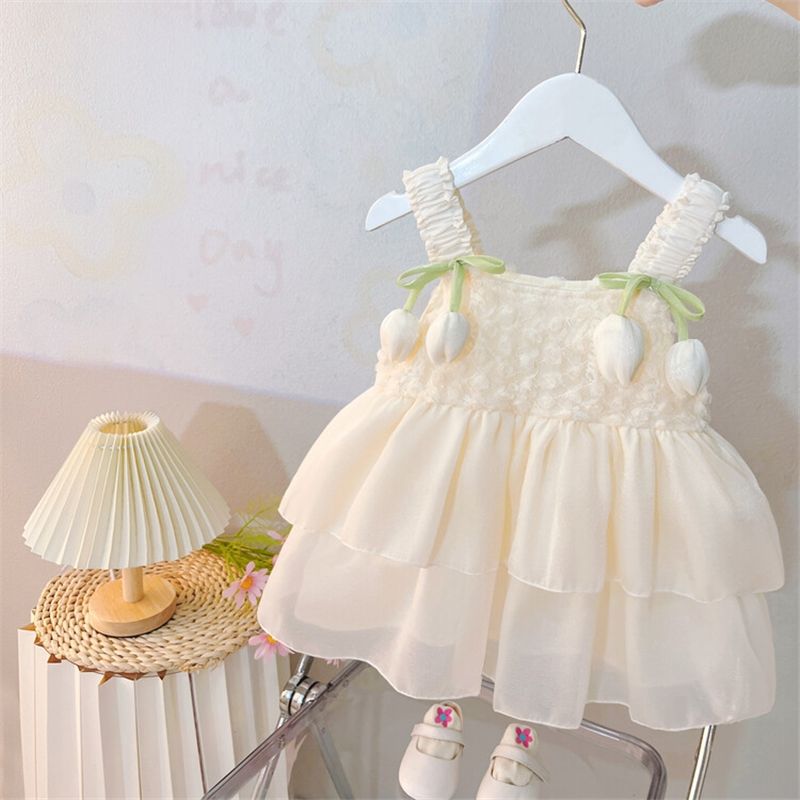 Elfenbeinfarbenes Tüllkleid mit Tulpen-Trägern und Lagen – ärmelloses Sommerkleid für Babys (0–12M)
