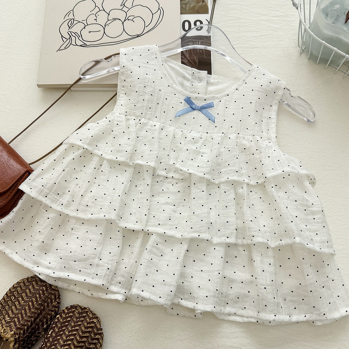 Polka Dot Tiered Ruffle Top & Blue Shorts Set – Sleeveless Cake Top (12M–3Y)