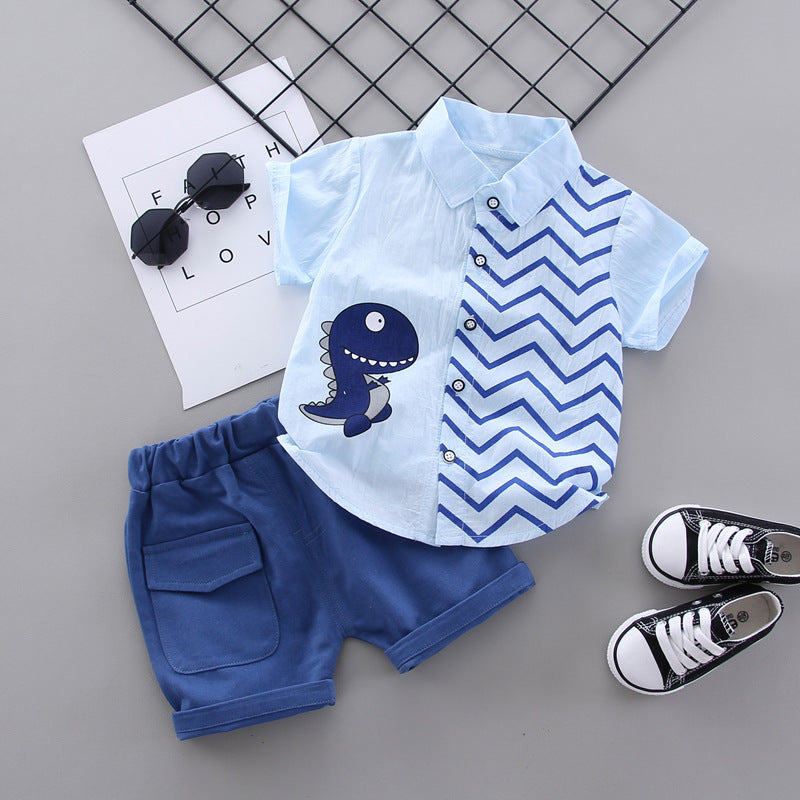 Little Dino Chevron Shirt & Cargo Shorts Set – Button Collar Summer Set (9–36M)    Mimou Babywear