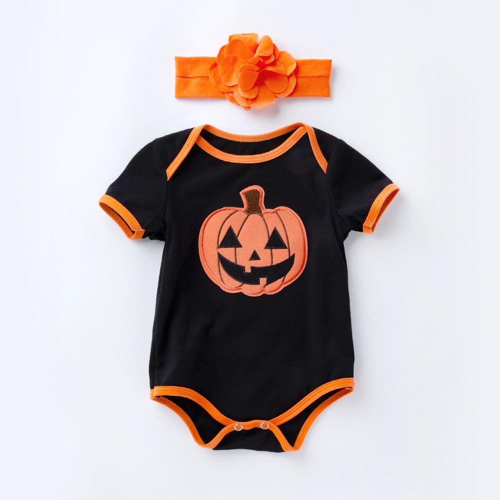 Halloween Skull & Pumpkin Print Romper & Headband Set – Short Sleeve Baby Girl Outfit (0–24M)