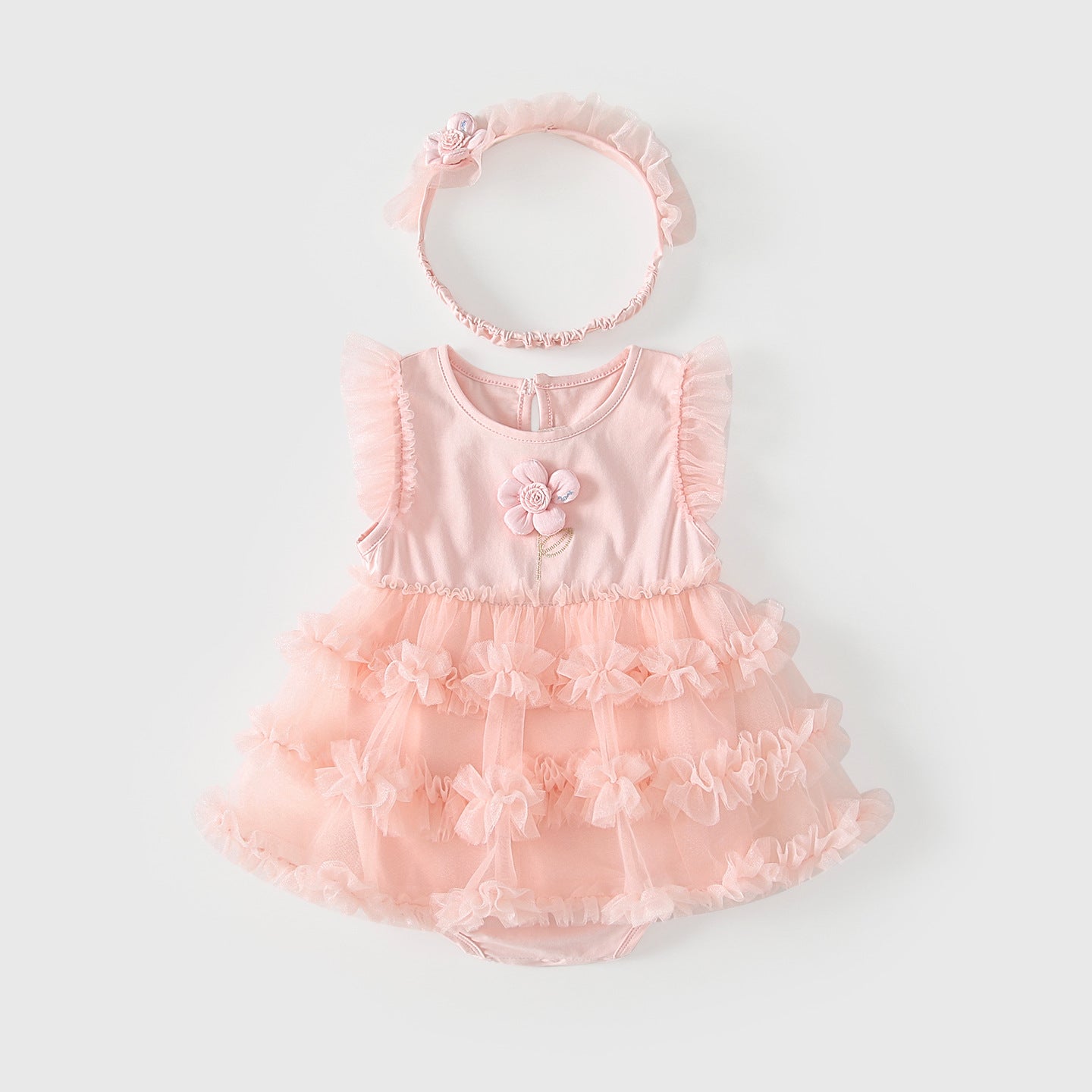 Pink Tulle Flower Romper Dress & Headband Set – Flutter Sleeve Tiered Bodysuit (0–18M)
