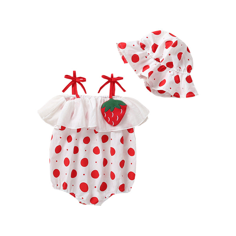 Strawberry Polka Dot Romper & Bucket Hat Set – Ruffle Off-Shoulder Bubble Bodysuit (0–18M)