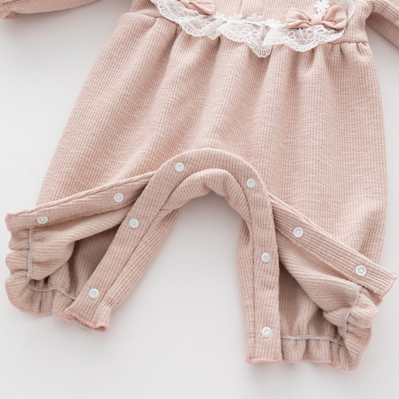 Pink Lace Bib Collar Sleepsuit & Bonnet Set – Long Sleeve Ribbed Romper (0–12M)