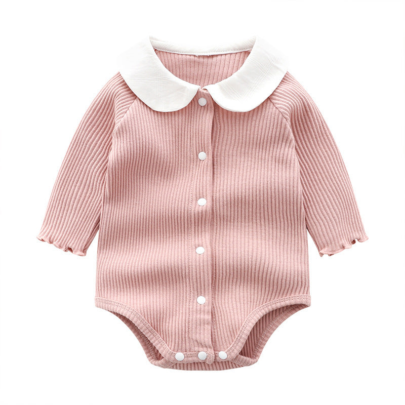 Contrast Peter Pan Collar Ribbed Bodysuit – Long Sleeve Button Baby Romper (0–12M)