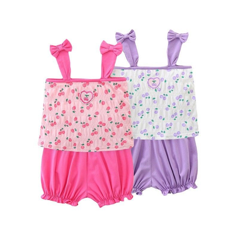 Cherry Heart Smocked Top & Bloomer Shorts Set – Bow Strap Two-Piece (3M–3Y)