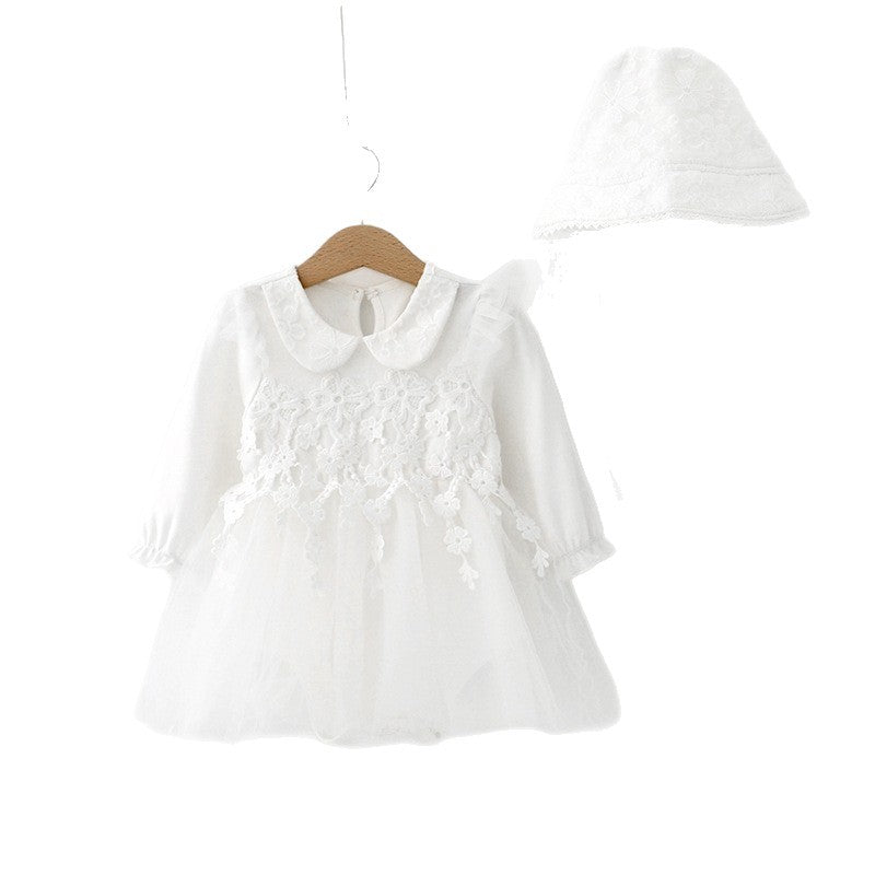White Lace Tulle Princess Dress & Bonnet Set – Peter Pan Collar Long Sleeve (2–12M)