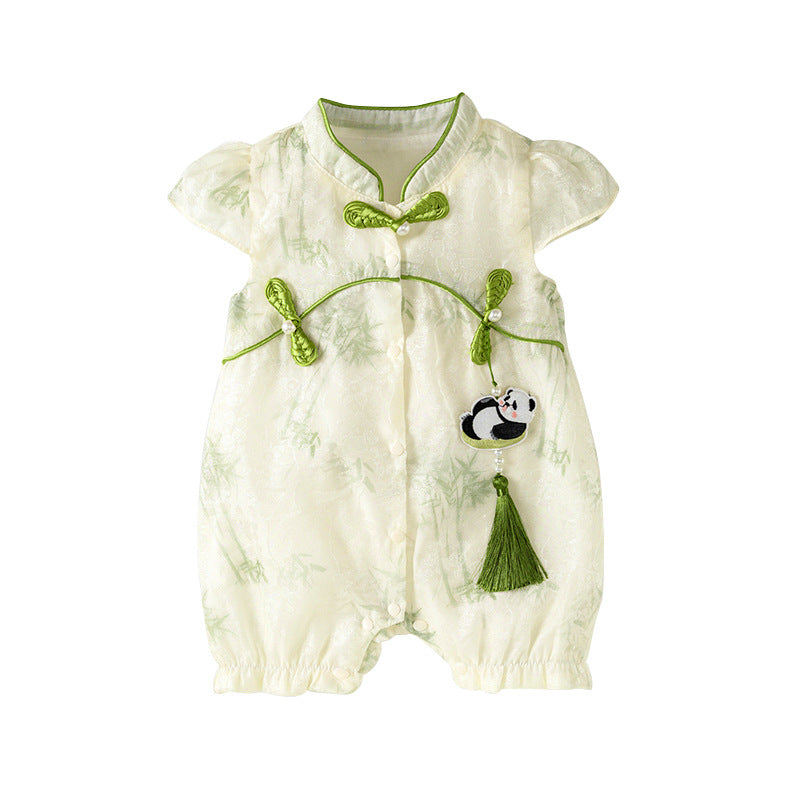Bamboo & Panda Tassel Romper – Braided Button Short Sleeve Bodysuit (0–18M)