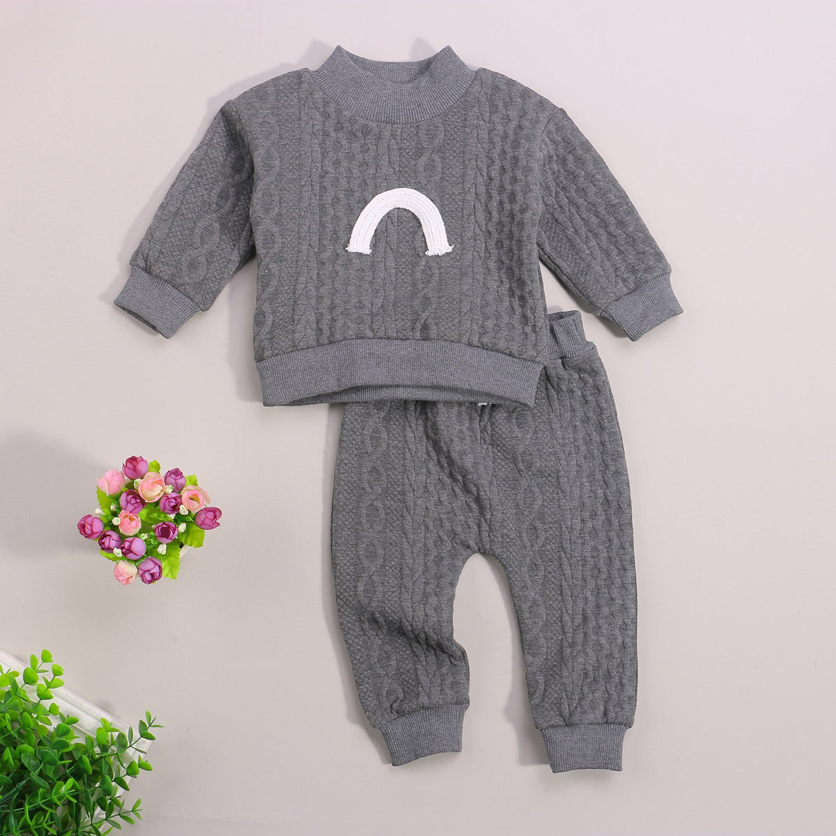 Rainbow Knit Mock Neck Sweater & Jogger Set – Cable Knit Two-Piece Baby Outfit (0–24M)