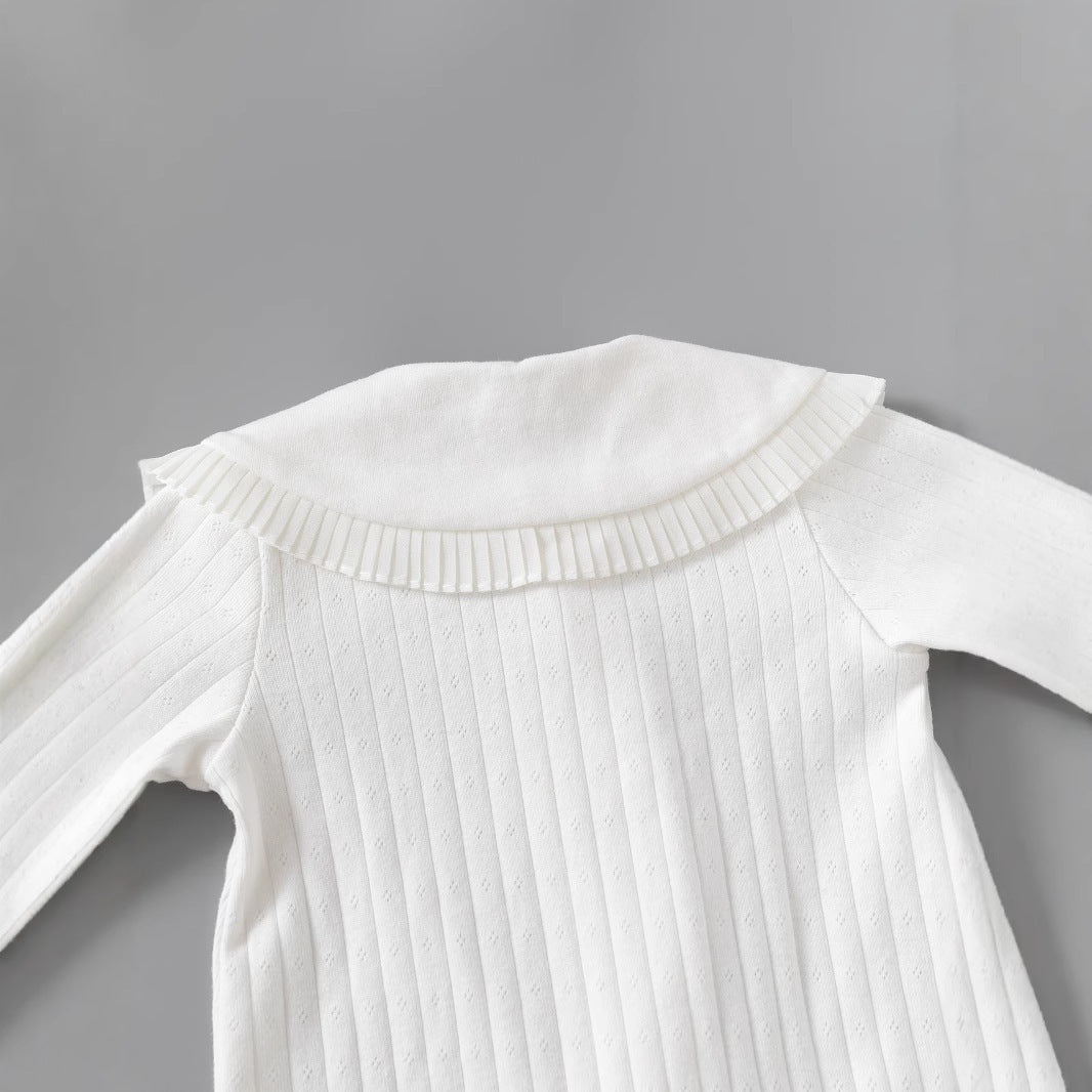 Pink Pointelle Peter Pan Collar Sleepsuit – Ruffle Cuff Long Sleeve Romper (0–24M)