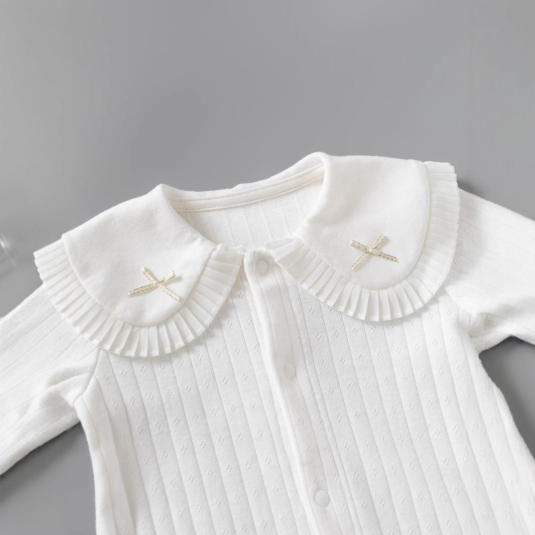 Pink Pointelle Peter Pan Collar Sleepsuit – Ruffle Cuff Long Sleeve Romper (0–24M)