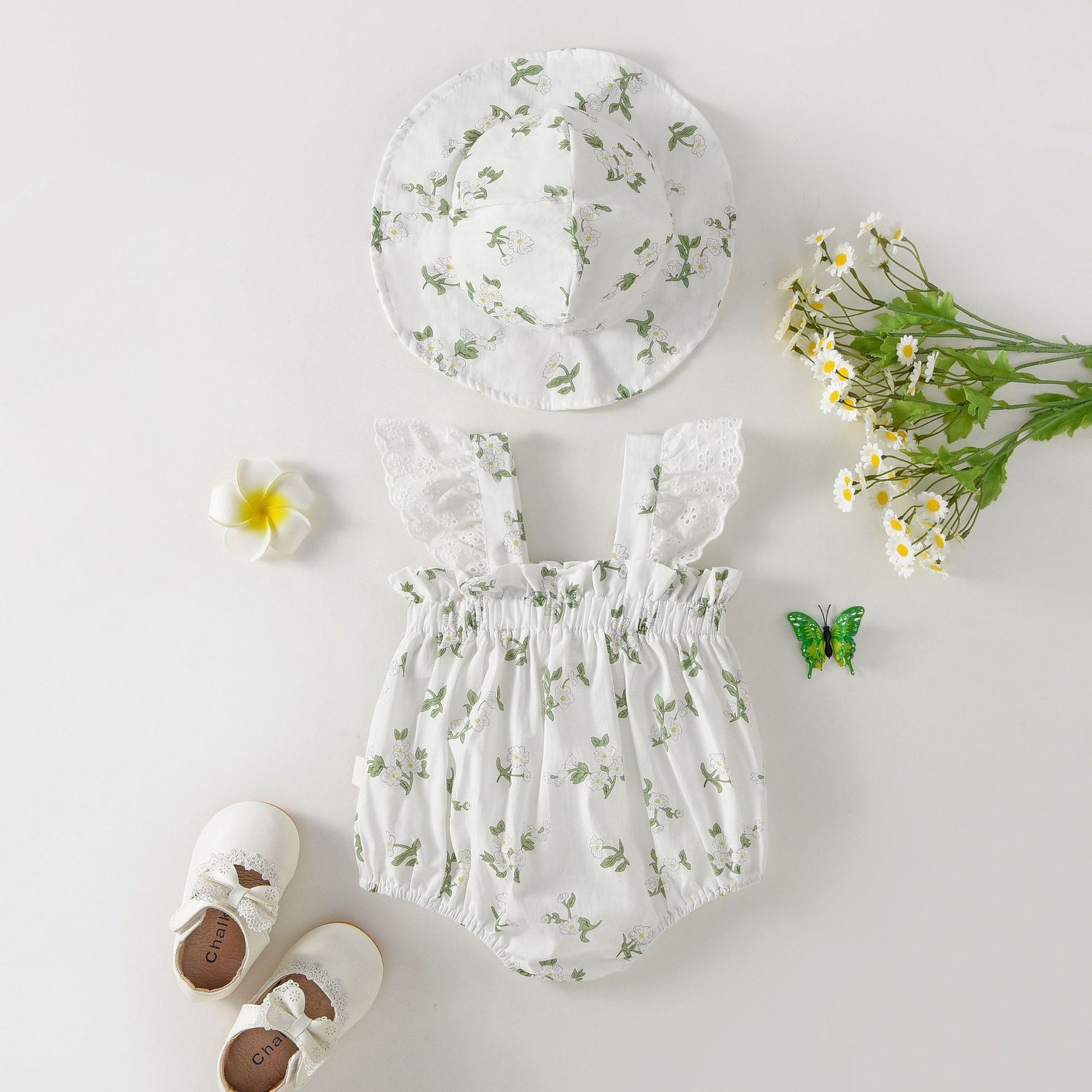 White Botanical Eyelet Romper – Flutter Lace Sleeve & Sage Bow Bodysuit (0–18M)