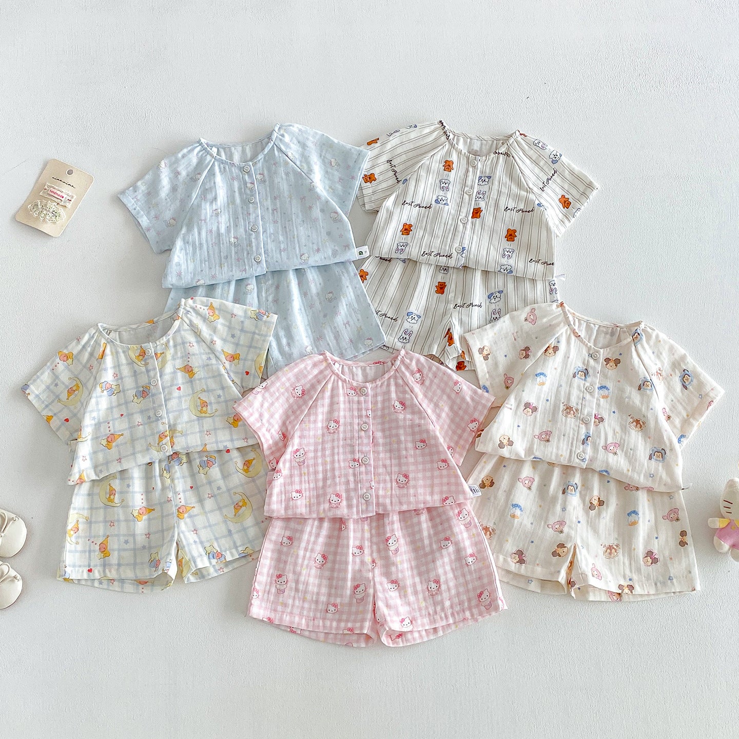 Cartoon Animal Muslin Short Sleeve Set – Button Top & Shorts Two-Piece (3M–2Y)
