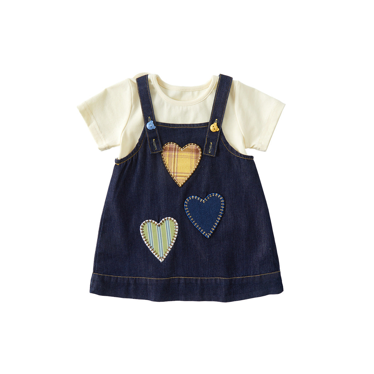 Denim Heart Patch Overall Dress & Ivory Tee Two-Piece Set