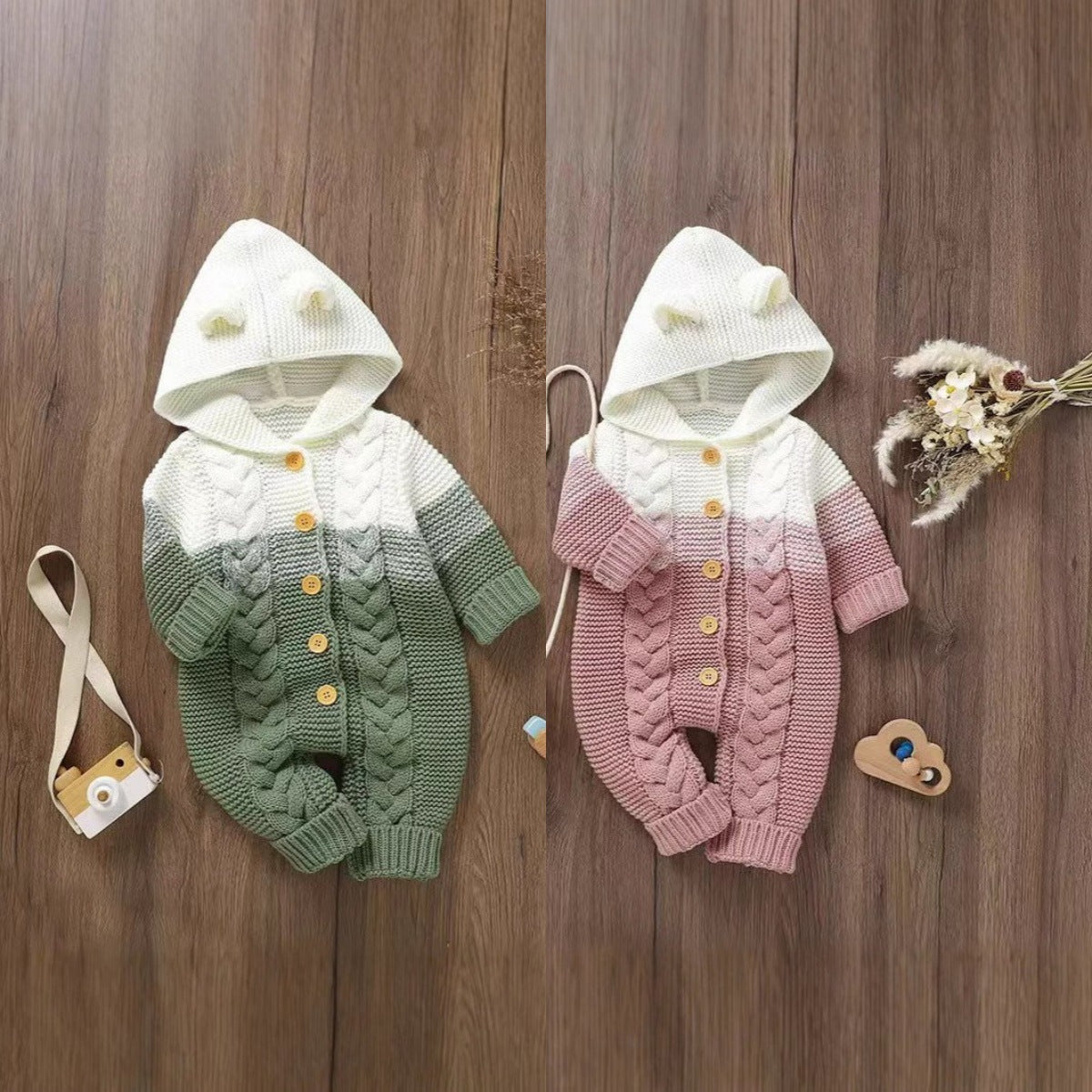 Bear Ear Hood Cable Knit Colorblock Romper – Cozy Button-Up Baby Outfit (0–12M)