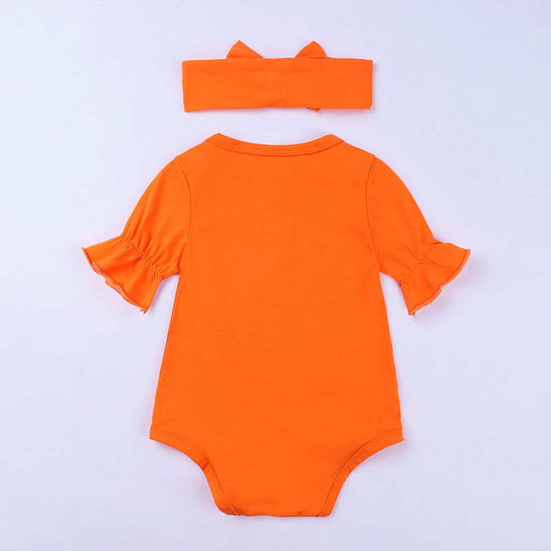 Ghost Footprint Halloween Romper & Bow Headband Set – Orange Ruffle Sleeve (0–12M)