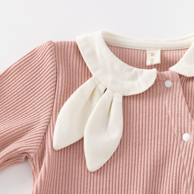 Pink Ribbed Peter Pan Collar Sleepsuit & Bonnet Set – Long Sleeve Snap Romper (0–12M)