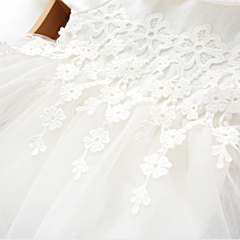 White Lace Tulle Princess Dress & Bonnet Set – Peter Pan Collar Long Sleeve (2–12M)