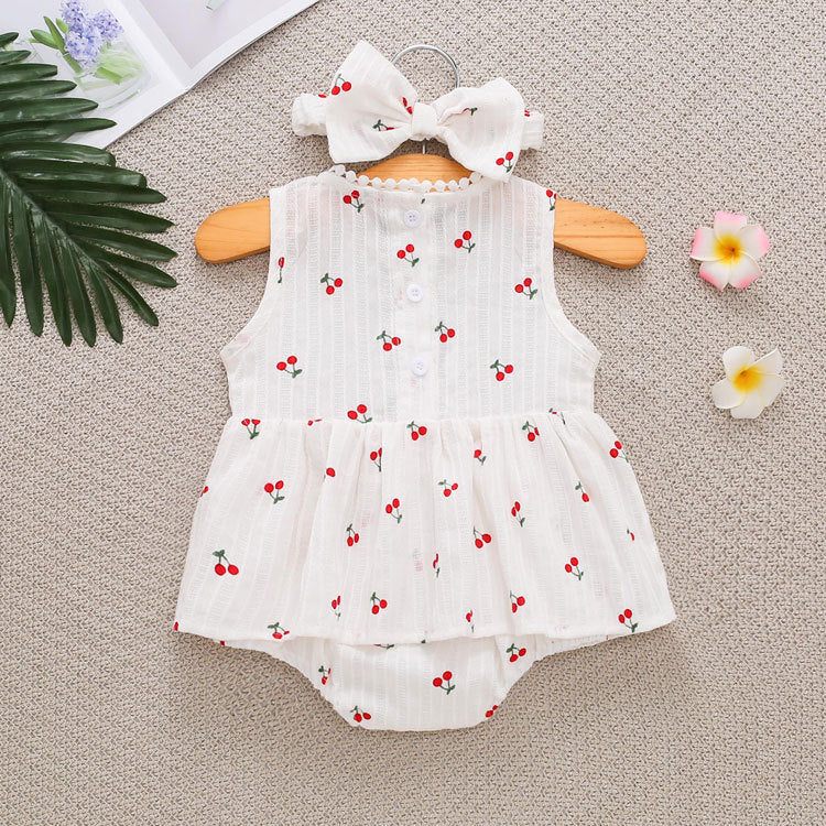 Cherry Print Muslin Romper Dress & Bow Headband Set – Sleeveless Ruffle Bodysuit (0–18M)